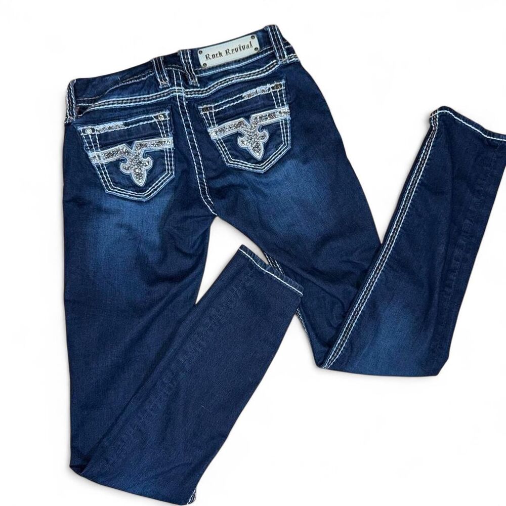Rock Revival Chile Easy Skinny Denim Jeans sz 26 Heavy Stitch Embellished
